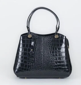 Italian Genuine Leather Shoulder Bag Crocodile Print - Black - Picture 1 of 11