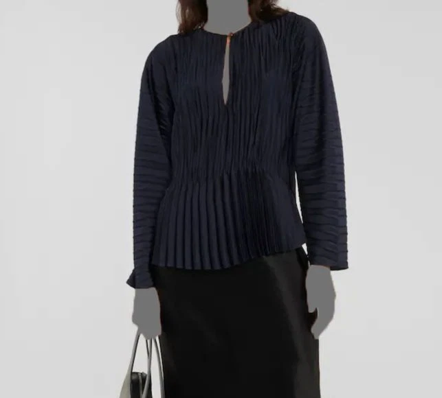 Vince Women's Blue Pleated Long Sleeve Blouse Top Size M