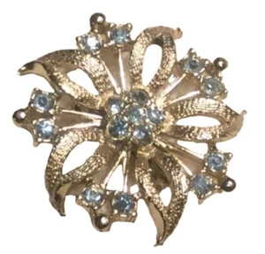 Vintage Gold-Tone Floral Brooch With Blue Rhinestones 1.25 Inches - Picture 1 of 4