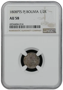 1808-PTS Bolivia Silver 1/2 Real PJ, KM # 69 toned NGC AU 58 - Picture 1 of 2