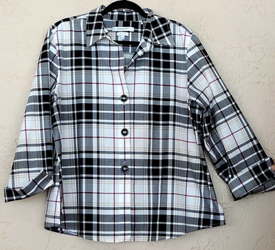 Foxcroft Sz 18 Black White Red Plaid Shirt Blouse Tunic Top Big Buttons NO Iron - Image 1 of 4