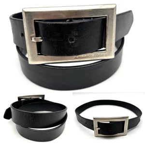 Vintage Kenneth Cole Black Full Grain Leather Large Logo Buckle Belt S 26-30" - Picture 1 of 15