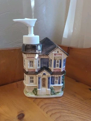 Otagiri Victorian Blue Pink Brown House Hand Painted Soap Lotion Dispenser VTG - Image 1 of 4