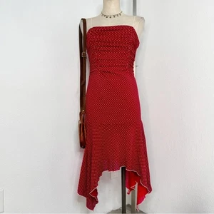 Vestido midi VINT Y2K a lunares rojo blanco acanalado coqueta dobladillo asimétrico mediano - Imagen 1 de 10