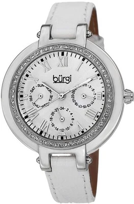 Женские часы Burgi BUR085SSW GMT день дата хрустальный ободок белый ремешок серебристый цвет - Изображение 1 из 4