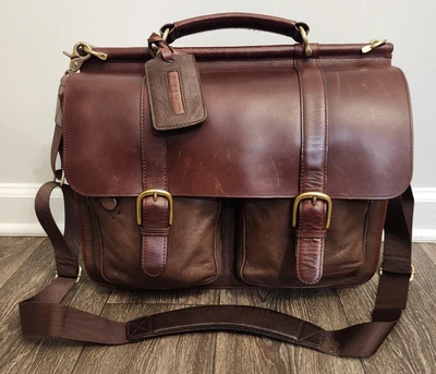 L.L. Bean Traveler Brown Leather Messenger Briefcase Business Crossbody Bag - Image 1 of 4
