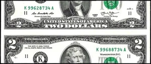 2013 $2 FRN FR 1940 K 2 Different Serial Numbers Miscut Error Fantasy - Picture 1 of 2
