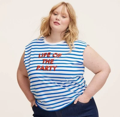 NUEVO CON ETIQUETAS Camiseta Kate Spade NY 2X Life of the Party Azul Blanco Rayas Gráfico Foto 1 de 4