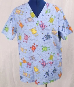 VTG Scrub HQ Top Womens S Blue Frog Print Medical Uniform Shirt Multicolor Small - Picture 1 of 13