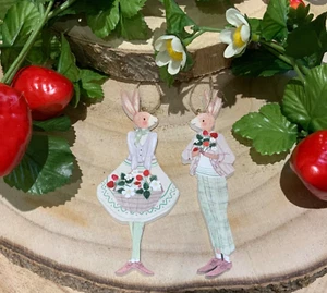 Boy & Girl Bunny Easter Decoration Strawberry Dressed Gisela Graham Tree Wood - Picture 1 of 6