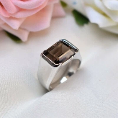 Naturale Fumoso Quarzo Gemma Con 925 Anello Argento Sterling per Uomo #1429 - Immagine 1 di 4
