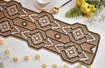 White Copper Beaded Table Runner Burlap Designer Dinning Table Topper 35x13 Inch - Image 1 of 4