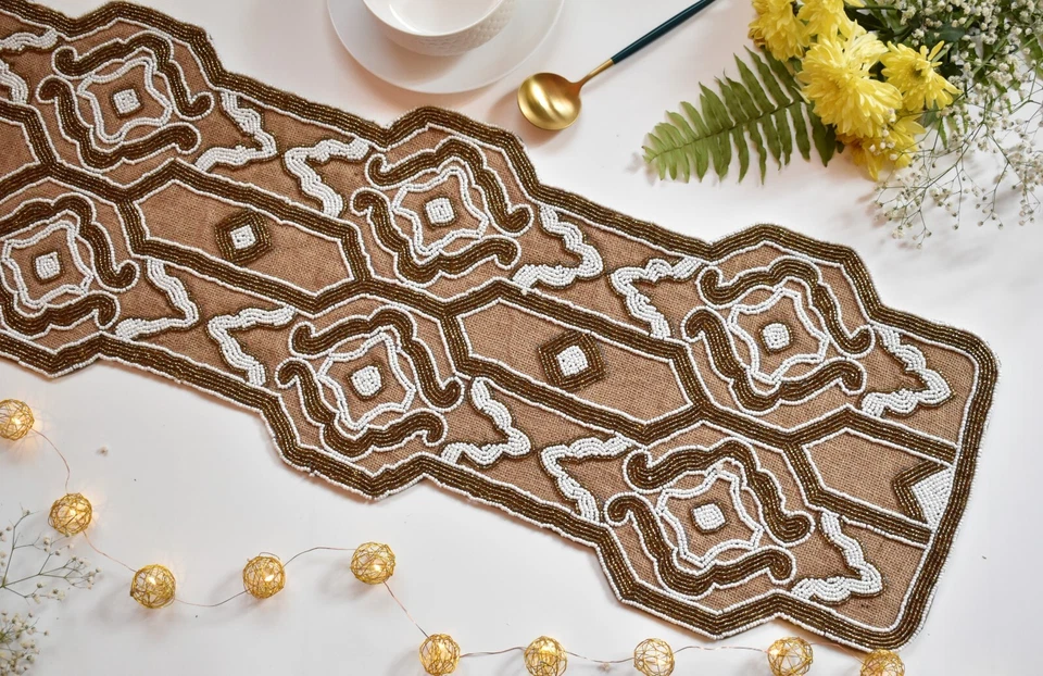 White Copper Beaded Table Runner Burlap Designer Dinning Table Topper 35x13 Inch - Image 1 of 4