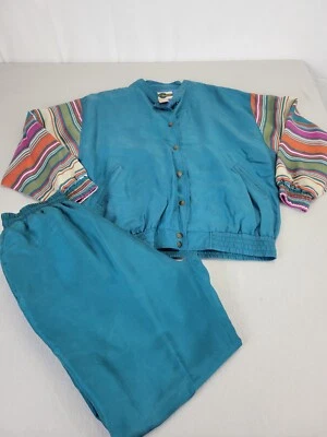 Traje de chándal Out Brook a presión 100 % seda verde azulado rayas boho años 80 vintage Foto 1 de 4