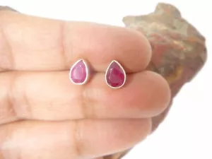 Pink Teardrop RUBY Sterling  Silver  925  Gemstone Stud Earrings  -  5 x 7 mm - Picture 1 of 5