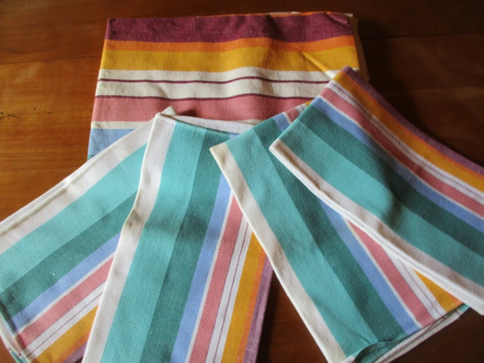 Service de table N°88 nappe 129 x 138 cm +4 serviettes coton bayadère vert orang - Photo 1/4