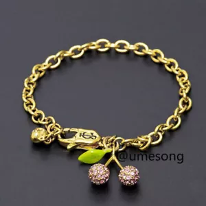 Juicy Couture Pink Pavé Cherry Charm Bracelet Gold Tone Chain With Crystal - Picture 1 of 6
