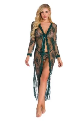 Sexy Lencería Mujeres Largo Encaje Kimono Bata Vestido Transparente Prendas para dormir Foto 1 de 4