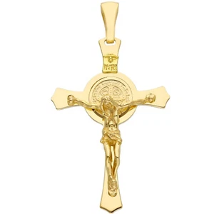 Cross Pendant Yellow Gold Or White 18K, Medal Saint Benedict And Jesus' 25x37 MM - Picture 1 of 14