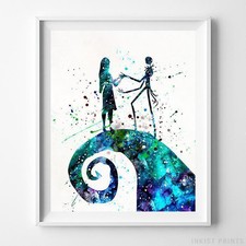 Jack Sally The Nightmare Before Christmas Type 2 Tim Watercolor Poster UNFRAMED