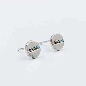 925 Sterling Silver Round Earrings with Colorful CZ Line Flathead Studs for Her - Picture 1 of 6