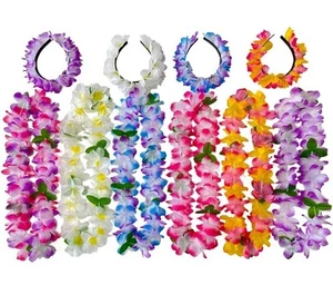 10 Counts Hawaiian Leis Necklace & Headbands - Tropical Luau Hawaii Silk Flower - Picture 1 of 5