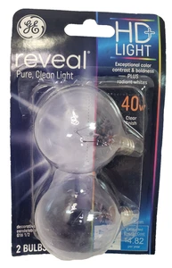 GE Reveal 2-Pcs HD+ LED 40 Watt G16.5 Globe Bulbs, Clear - Picture 1 of 2