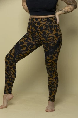Womens High-waisted yoga leggings w black & mustard floral print mesh. Size L/XL - Image 1 of 4