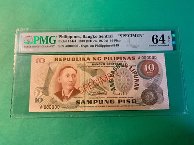 PHILIPPINES 1970's 10 PISO SPECIMEN A000000 P-154s1 PMG CHOICE UNC 64 EPQ - Image 1 of 2