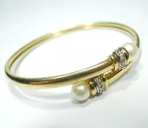 10K GELBGOLD PERLEN & DIAMANT CHIPS WICKELARMREIF DAMEN ARMBAND - Bild 1 von 20