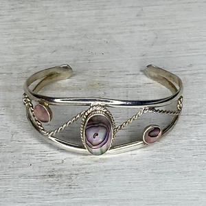 Vintage Mexico Abalone Shell Silver Plated Open Cuff Bracelet - Picture 1 of 7