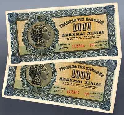 2 x 1000 Drachma 1941 Banknotes XF-AU PAIR, Pick#117 Alexander de Great Type B-a - Image 1 of 4