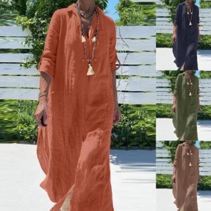 Women Cotton Linen V-Neck Long Sleeve Shirt Maxi Dress Casual Kaftan Dresses - Picture 1 of 19