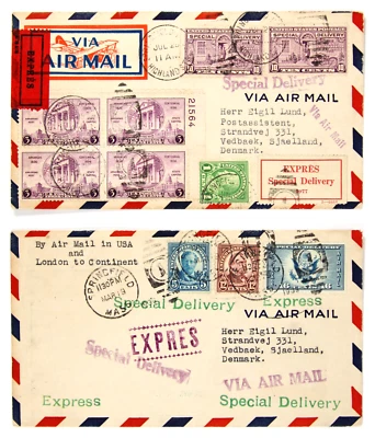 (2) Springfield, MA. 1936 to Denmark, Express, Special Delivery, Air Mail. Multi - Image 1 of 2
