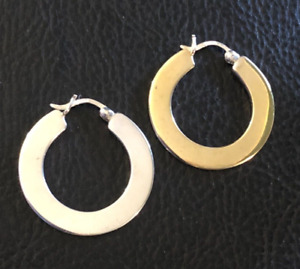 Sterling Silver Hoop Earrings One Side Gold Plated Flat Thin 1" 9g 925 6366