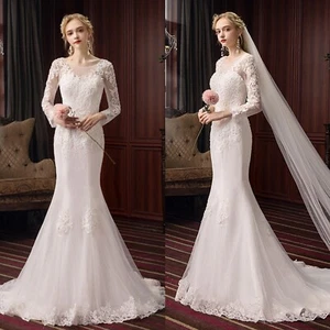 Boat Neck Wedding Dresses Long Sleeves Applique Lace Sweep Layered Train Mermaid - Picture 1 of 13