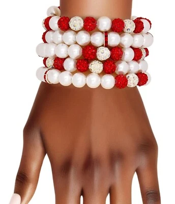 Pulseras DST envoltura de alambre perlas blancas con cuentas de diamantes de imitación de arcilla roja y blanca Foto 1 de 4
