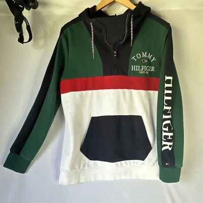 TOMMY HILFIGER Vestido con Capucha Manga Estampada Azul Verde Blanco Rojo S Cuarto Cremallera Foto 1 de 4