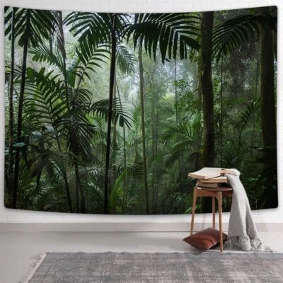 Nature Tapestry Wall Hanging Large Tropical Leaf Forest Fabric Green Room Decor - Image 1 of 4