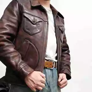 Men’s Motorcycle Vintage Cafe Racer Distressed Brown Cowhide Leather Jacket - Picture 1 of 5