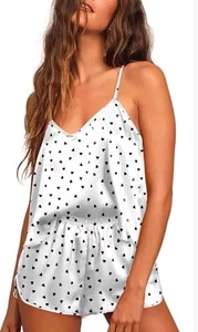 Ekouaer Women's Silky Satin Pajama Set Size Med White w/ Black Hearts - Picture 1 of 6