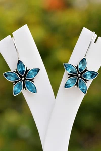 "Swiss Blue Topaz Flower Earrings – Handmade Sterling Silver Gemstone Jewelry" - Picture 1 of 4