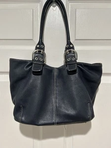 TIGNANELLO 100% LEATHER NAVY HANDBAG PURSE Double Handles, Silvertone HE - Picture 1 of 11
