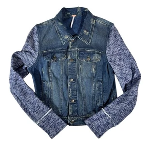 FREE PEOPLE Dark Wash Knit Long Sleeve Denim Jean Jacket Women's Size Small - Picture 1 of 24