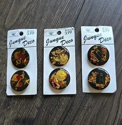 6 Vintage Junque Deco Buttons Carded Seahorse Keys Coins Saftypins Stars Lot - Image 1 of 4