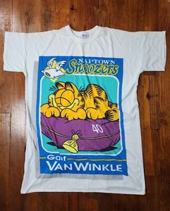 Vintage 90s Garfield Van Winkle Sleeping Shirt Long Pajama Top M/L White - Picture 1 of 10