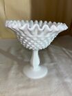 Fenton Milk Glass Hobnail Stemmed Compote-Candy Ribbon Edge MCM-Unmarked