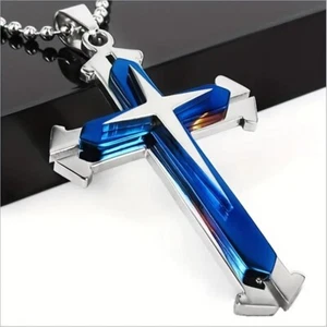 Cadena de 24" de aleación de zinc cruzada azul/plateada de joyería de moda para hombre - Imagen 1 de 4