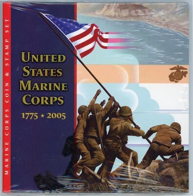 2005 US MARINE CORPS SILVER DOLLAR COIN AND STAMP SET - UNOPENED SET - Image 1 of 4