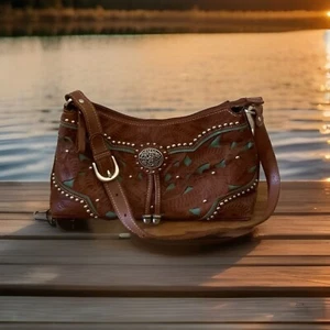 American West Lady Lace Women’s Zip-Top Shoulder Bag Antique Brown Pre-Owned - Picture 1 of 12